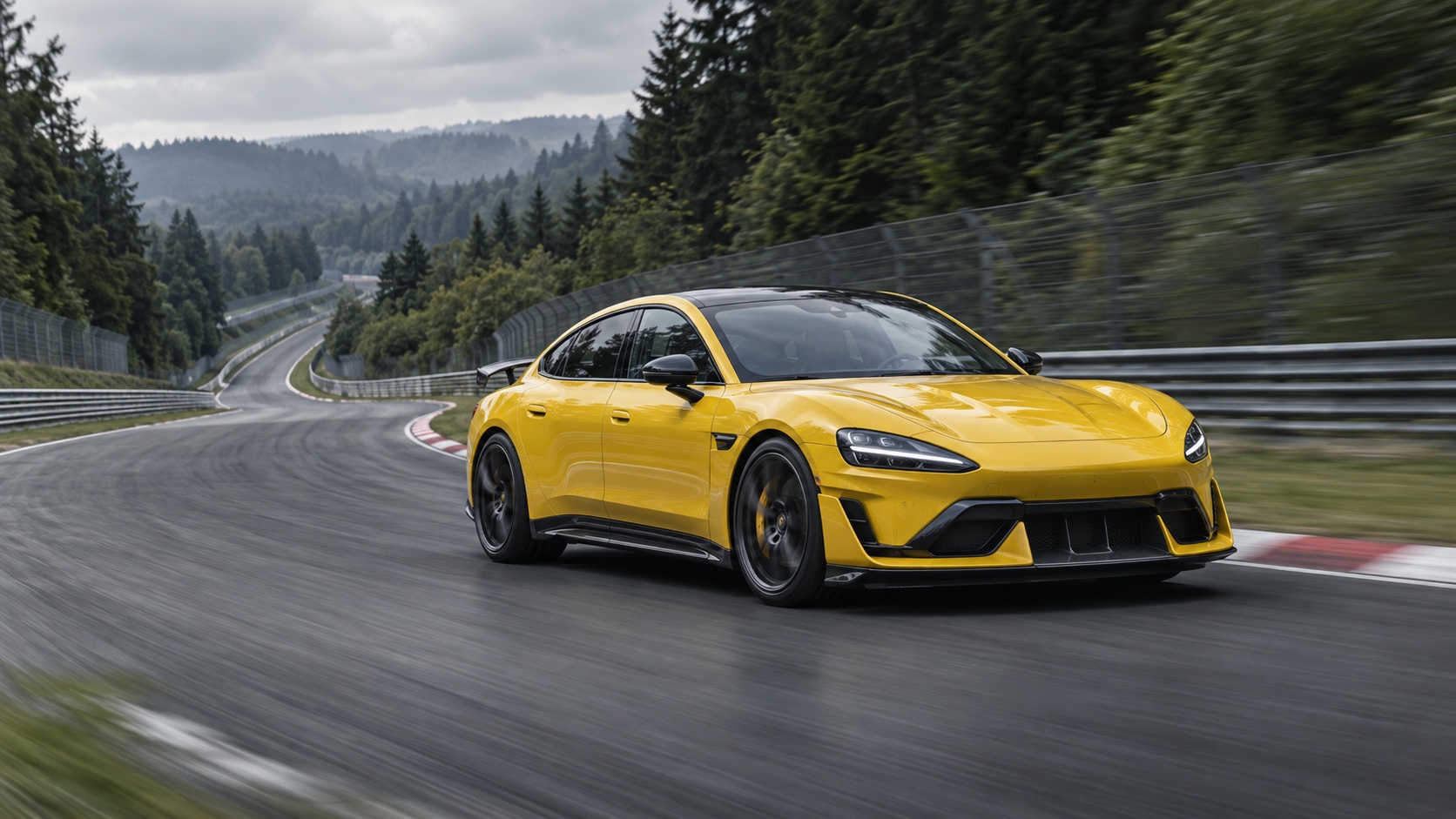 Yellow Xiaomi SU7 Ultra performance sedan on a forest race circuit
