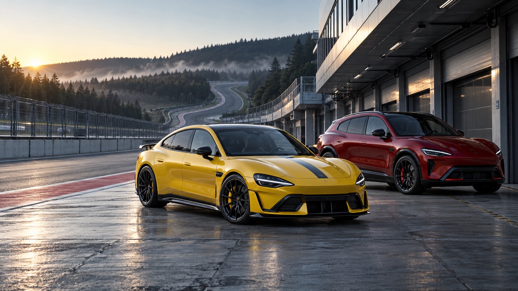 Yellow performance sedan and red performance SUV in a race circuit pit lane