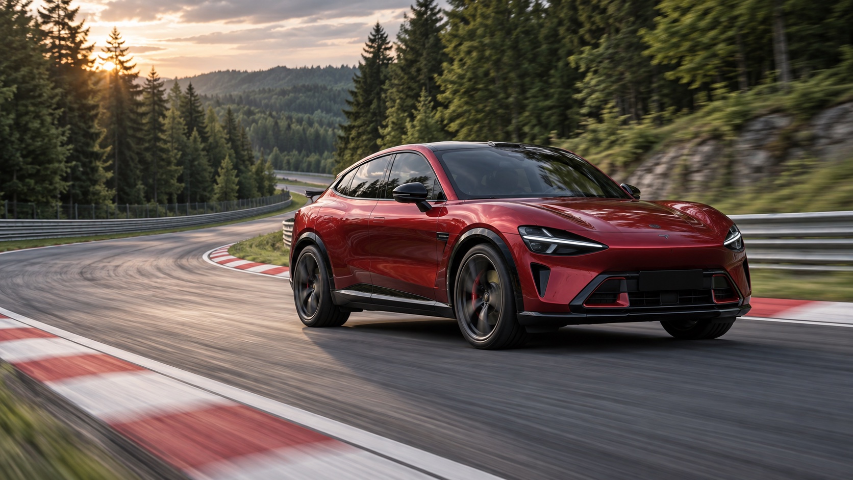 Red Xiaomi YU7 GT performance SUV on a forest race circuit
