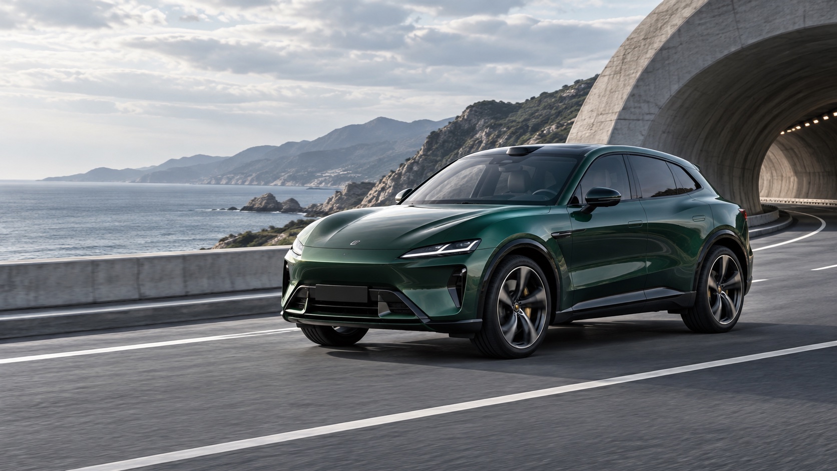 Green Xiaomi YU7 luxury electric SUV on a coastal highway